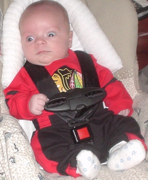 Nate in his Chicago Blackhawks outfit on his way to the Bakersfiled Condors vs. San Diego Gulls Game.