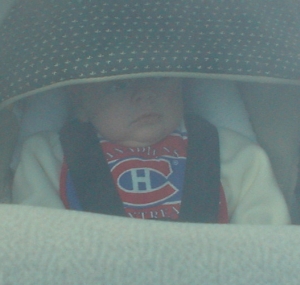 Nate in his car seat on the way to Julie's for Thanksgiving.